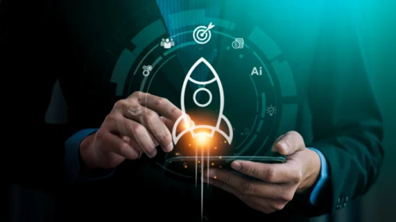 Illustration de transformation digitale avec lancement de projet IT et innovation technologique